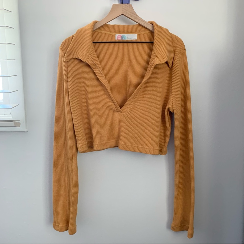 Free People Beach Large Honey Yellow‎ Deep V Neck Collar Crop Sweater Rib